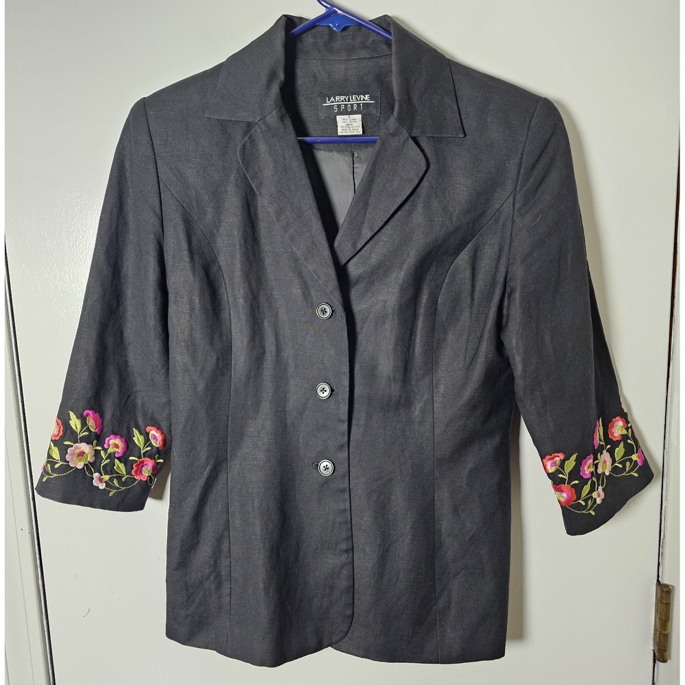 Larry Levine Sport Womens Blazer Black Embroidered Floral 3/4 Sleeve Linen Sz S